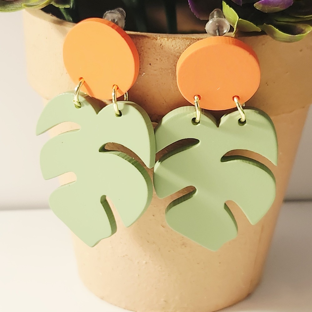 Monstera Leaf Dangle Earrings Matte Sage Green Orange Tropical Statement Post